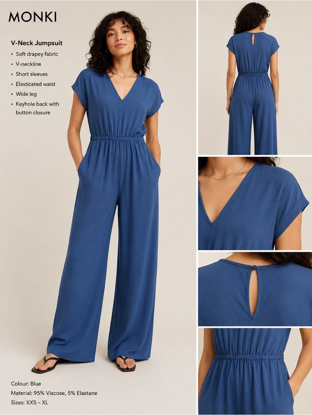 Monki Blue V-Neck Wide-Leg Jumpsuit